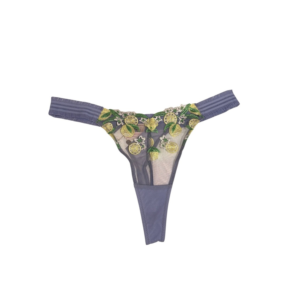 Anthropologie Lyre Bird Lemon Embroidered Mesh Thong Periwinkle Blue Medium NWT